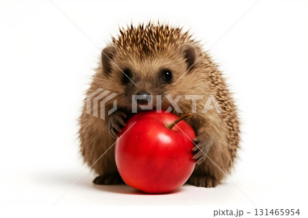 Cute hedgehog hugging a red apple, studio shot on white background with soft light 131465954