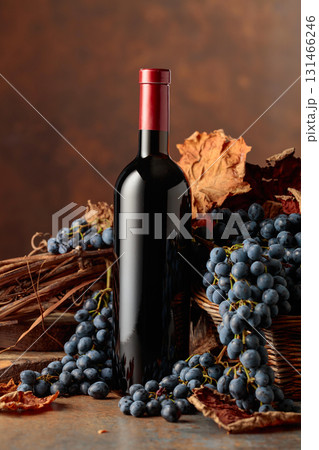 Bottle of red wine with blue grapes on a brown background. Bottle of red wine with blue grapes on a brown background. 131466246