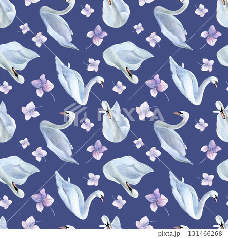 Watercolor seamless pattern with swans and hydrangea on a gray-purple background. Good for postcards, recipes, menu, invitations, greeting cards, wallpaper and textiles Watercolor seamless pattern with swans and hydrangea on a gray-purple background. Good for postcards, recipes, menu, invitations, greeting cards, wallpaper and textiles 131466268