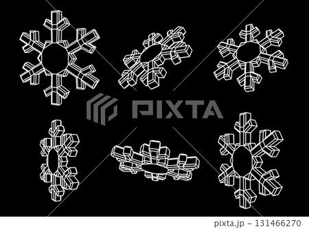 3D geometric snowflakes set, wireframe grid in white on black background for Christmas and winter festive decoration design 3D geometric snowflakes set, wireframe grid in white on black background for Christmas and winter festive decoration design 131466270