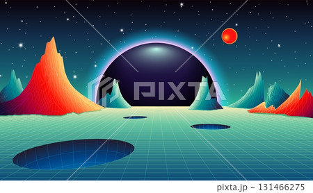 Retro futuristic grid landscape with surreal terrain, luminous black hole sun and round crater holes Retro futuristic grid landscape with surreal terrain, luminous black hole sun and round crater holes 131466275