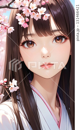 着物を着た若い女性と桜 131466421