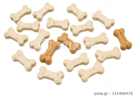 Dog bone-shaped biscuits and treats isolated on transparent background, pet snack for training or reward concept Dog bone-shaped biscuits and treats isolated on transparent background, pet snack for training or reward concept 131466478