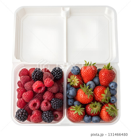 Fresh mixed berries and strawberries in a white plastic container, healthy snack or dessert ingredient, isolated on transparent background Fresh mixed berries and strawberries in a white plastic container, healthy snack or dessert ingredient, isolated on transparent background 131466480