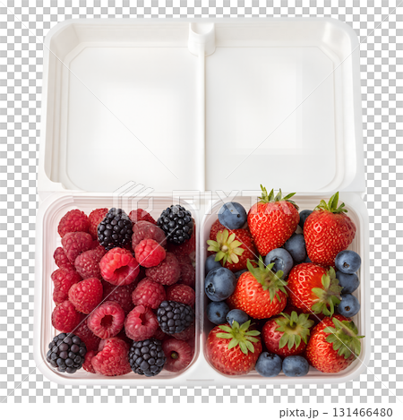 Fresh mixed berries and strawberries in a white plastic container, healthy snack or dessert ingredient, isolated on transparent background Fresh mixed berries and strawberries in a white plastic container, healthy snack or dessert ingredient, isolated on transparent background 131466480