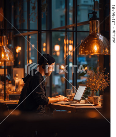 Young entrepreneur focuses on work in a cozy cafe during evening hours with warm lighting and a relaxing atmosphere 131466491