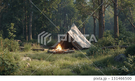 Tent set up in a peaceful forest clearing with a cozy campfire glowing in the evening light 131466500