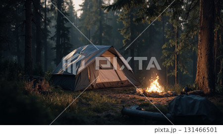 Camping in a serene forest clearing with a glowing campfire at dusk 131466501
