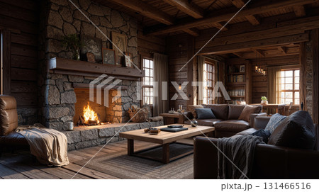 Cozy rustic cabin interior with a stone fireplace in a warm and inviting setting 131466516