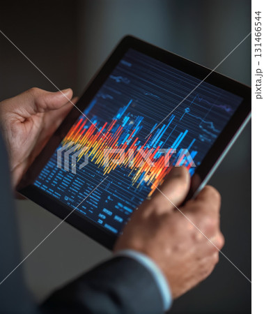 Professional presenter shows data analysis using a digital tablet in a business meeting 131466544