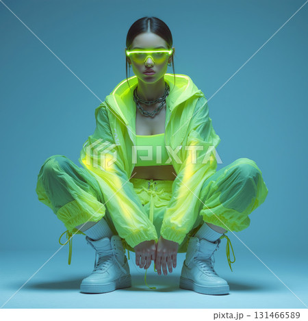Model poses confidently in bright neon outfit with stylish accessories against a blue backdrop 131466589