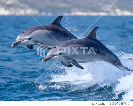 ジャンプする2頭のイルカが青い海を舞う躍動感あふれる海洋風景 131466763