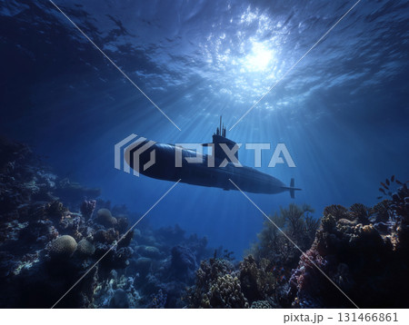 サンゴ礁の海中を進む潜水艦と光が差し込む神秘的な水中風景 131466861