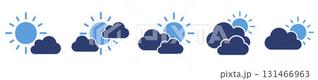 Partly Sunny Icons: Variations of Partly Sunny Weather. A set of five icons designed for weather forecasting, illustrating various degrees of partly sunny and cloudy conditions during the day. Partly Sunny Icons: Variations of Partly Sunny Weather. A set of five icons designed for weather forecasting, illustrating various degrees of partly sunny and cloudy conditions during the day. 131466963