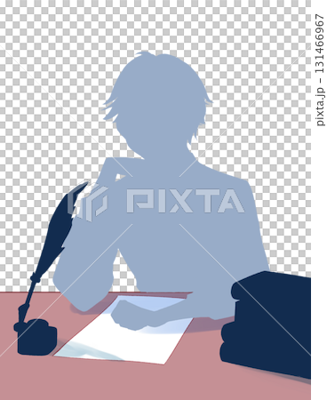 貴族男子將下巴放在手上、桌子、紙上、剪影 貴族男子將下巴放在手上、桌子、紙上、剪影 131466967