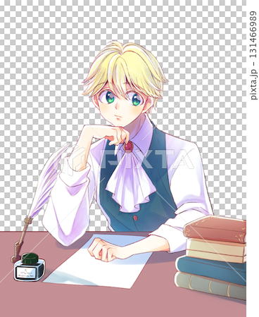 一位金髮貴族男子,手托著下巴。桌子。紙張。 一位金髮貴族男子,手托著下巴。桌子。紙張。 131466989