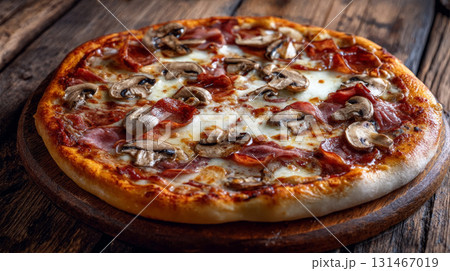Homemade pizza topped with pepperoni and mushrooms on a wooden table ready to be enjoyed 131467019