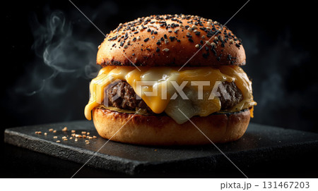 Close-up of a delicious burger with melted cheese on a black background, highlighting the juicy patty and fresh toppings Close-up of a delicious burger with melted cheese on a black background, highlighting the juicy patty and fresh toppings 131467203