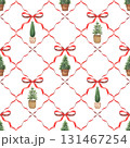 Christmas watercolor seamless pattern with holidays trees, red ribbons. Hand drawn New Year illustrations decoration 131467254