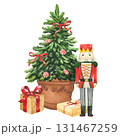 Christmas tree with nutcracker and presents watercolor illustrations. New Year decor 131467259