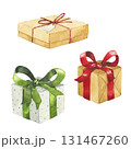Christmas presents watercolor illustrations. Holiday boxes with red and green ribbons. 131467260