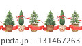 Christmas seamless watercolor border. Hand drawn illustration xmas trees and red ribbons. Decor for invitations, greeting cards, packaging. 131467263