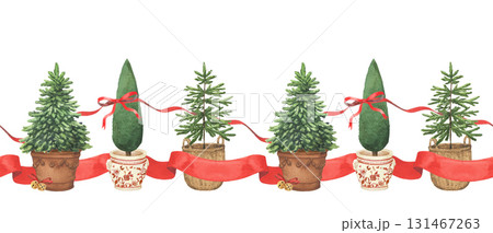 Christmas seamless watercolor border. Hand drawn illustration xmas trees and red ribbons. Decor for invitations, greeting cards, packaging. 131467263
