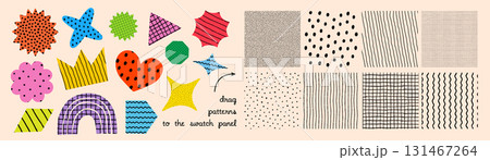 Pattern vector collection with colorful abstract shapes like stars, hearts, flowers, crowns, rainbows, and arrows. Pattern vector set with crayon texture. Great for wrapping, stationery. 131467264