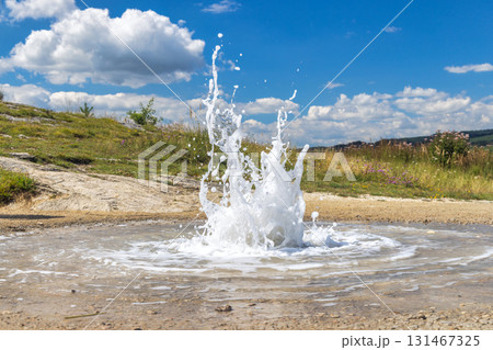 Dynamic water jet shooting upwards, creating a captivating display of motion and energy. This geothermal water geyser contrasts with the tranquil grassy landscape beyond. 131467325