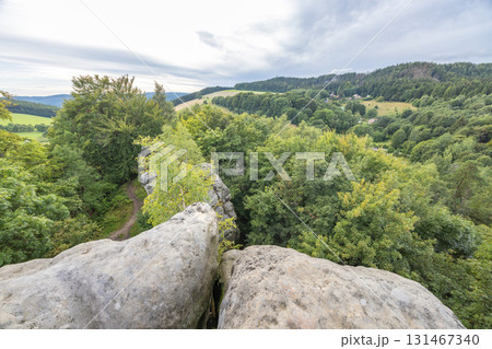 Landscape of Adrspach-Teplice Rocks area, in Hradec Kralove Region in the Czech Republic, Europe. Scenic vista from rocky outcrop overlooking lush forest and rolling hills under a cloudy sky backdrop. 131467340