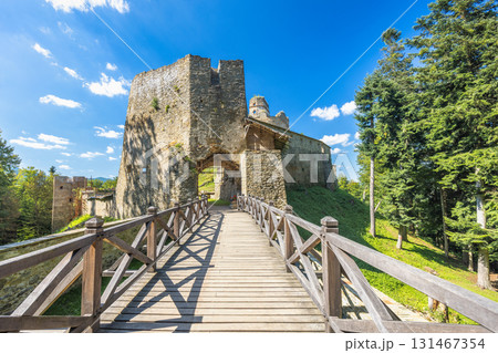 Zborov Castle near Bardejov town in North-Eastern Slovakia, Europe. Historic stone castle, with a wooden bridge leading to its entrance, set against a backdrop of trees and a clear blue sky. 131467354