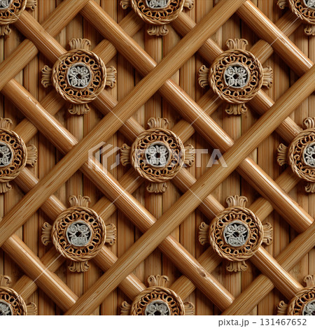 Intricate bamboo lattice design with circular medallions, showcasing traditional Thai craftsmanship. pattern features woven X lattice with decorative elements, creating textured and elegant 131467652