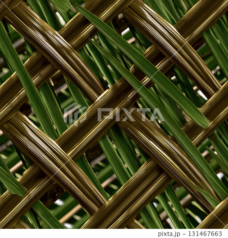 Close up of woven pattern made from coconut fronds, showcasing diagonal bands with thin negative lines, creating textured and intricate design 131467663