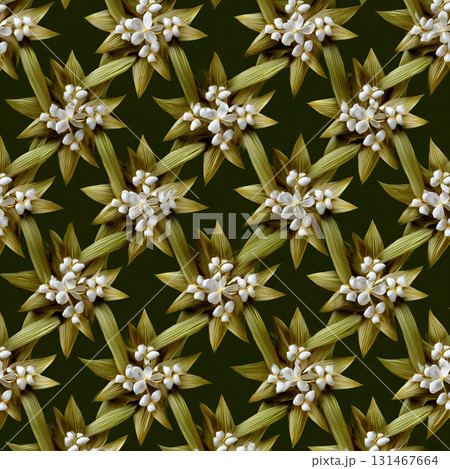 Intricate Thai style pattern featuring interlaced coconut frond stars with delicate white flowers on dark background, showcasing traditional craftsmanship 131467664