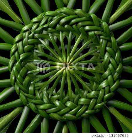Beautifully intricate Thai style pattern made from woven Pandan leaves, arranged into radial mandala design. vibrant green hues and detailed craftsmanship evoke sense of harmony and tradition 131467685