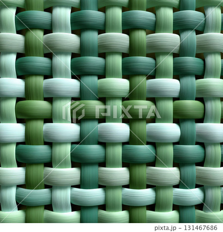 Close up of woven pattern featuring interlaced strips in various shades of green, creating harmonious and intricate design. texture and gradient evoke natural, calming aesthetic 131467686