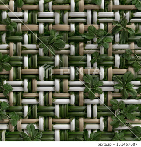 Woven pattern of green and beige strips interlaced with small green leaves creates natural and intricate design. texture and colors evoke sense of organic beauty and craftsmanship 131467687