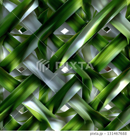 Intricate green and white pandan leaf weave pattern with diamond shaped negative spaces, showcasing traditional Thai craftsmanship. texture and colors create vibrant, natural aesthetic 131467688