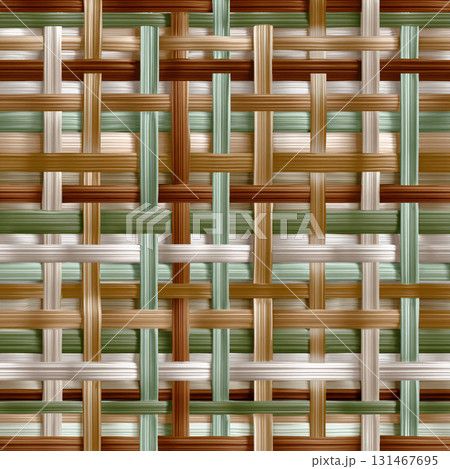 Woven pattern featuring triadic color palette of sage, terracotta, and beige, creating textured and intricate design. interlacing strands form harmonious and balanced composition 131467695