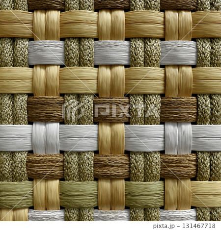 Detailed close up of woven pattern featuring interlaced fibers shades of brown, beige, and white. texture showcases traditional style with mix of smooth and textured strands, creating visually 131467718