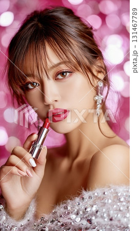 コスメ広告風リップを持つモデルポートレート 131467789