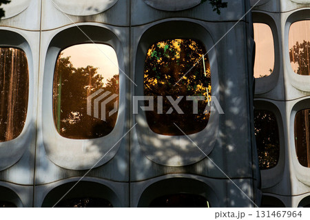 Facade of prefabricated modular concrete on the functionalist office CBR Building, Watermael-Boitsfort, Bussels, Belgium Facade of prefabricated modular concrete on the functionalist office CBR Building, Watermael-Boitsfort, Bussels, Belgium 131467964
