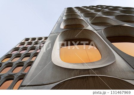 Facade of prefabricated modular concrete on the functionalist office CBR Building, Watermael-Boitsfort, Bussels, Belgium 131467969