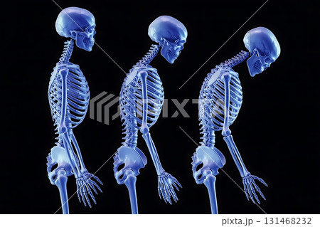 Skeletal representation showing progressive forward head posture on black background 131468232