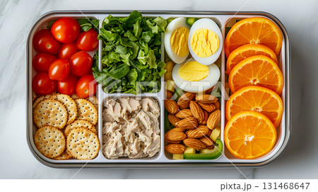 A food storage container with multiple compartments for different types of food. A presentation for healthy meals and snacks. 131468647