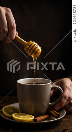 A person's hands carefully add golden honey from a wooden dipper into a steaming hot beverage, accompanied by fresh lemon slices and aromatic cinnamon sticks on a rustic dark surface. 131468783