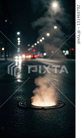Intense steam rises from a glowing manhole cover on a wet urban street at night, illuminated by warm light with blurred city traffic in the background. 131468792
