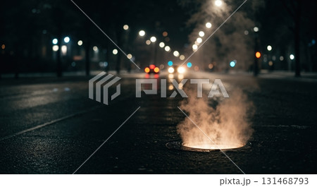 Steam billows from an open manhole cover on a wet urban street at night, illuminated by warm light from below and blurry distant streetlights. 131468793