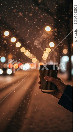 A person's hand holds a steaming disposable coffee cup in a snowy urban environment at night, featuring warm bokeh lights and falling flakes. 131468805