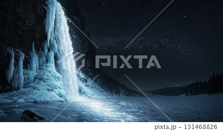 A majestic frozen waterfall cascades into an icy river under a dark, star-filled night sky, with snowy mountains and pine trees in the background. 131468826